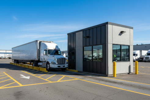 On-site scale house building positioned next to a truck scale, supporting weighing operations and traffic flow at an industrial facility in El Paso, TX